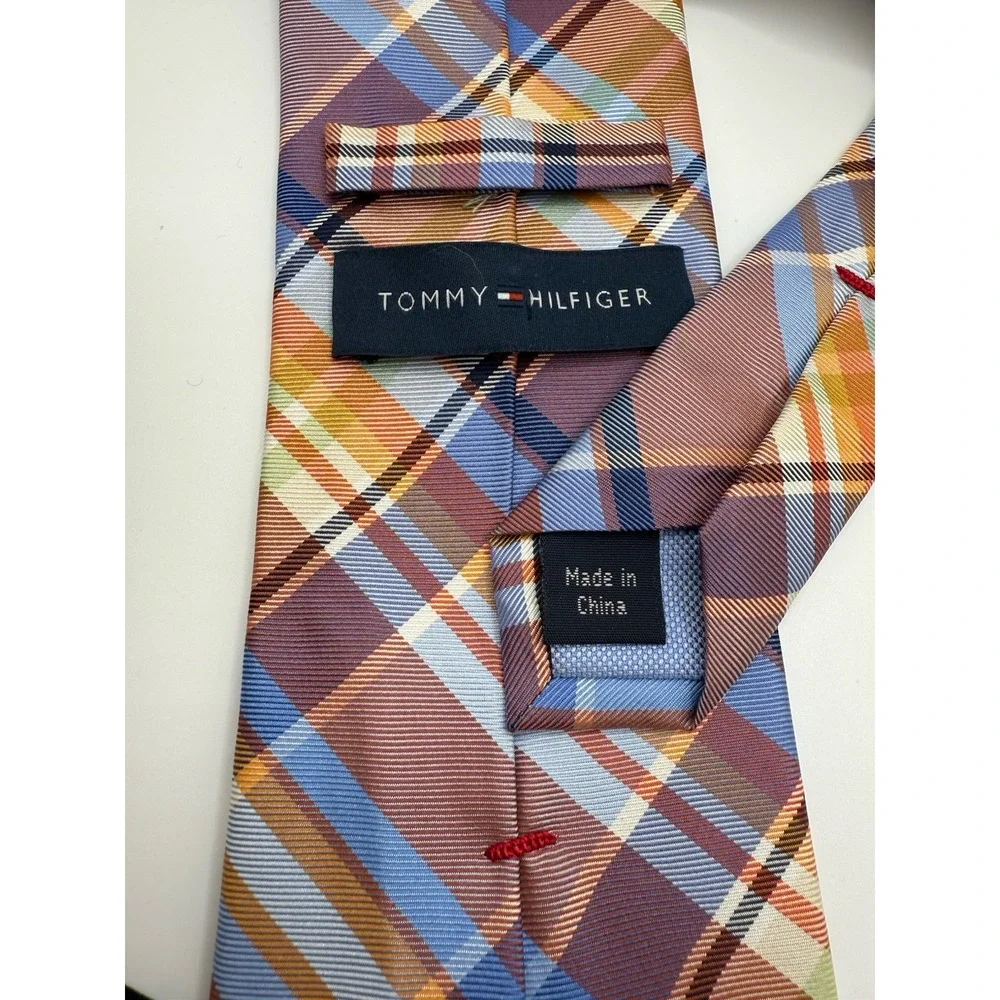 Tommy Hilfiger 100% Silk Plaid Tie Blue Brown Orange Madras Style‎ 61